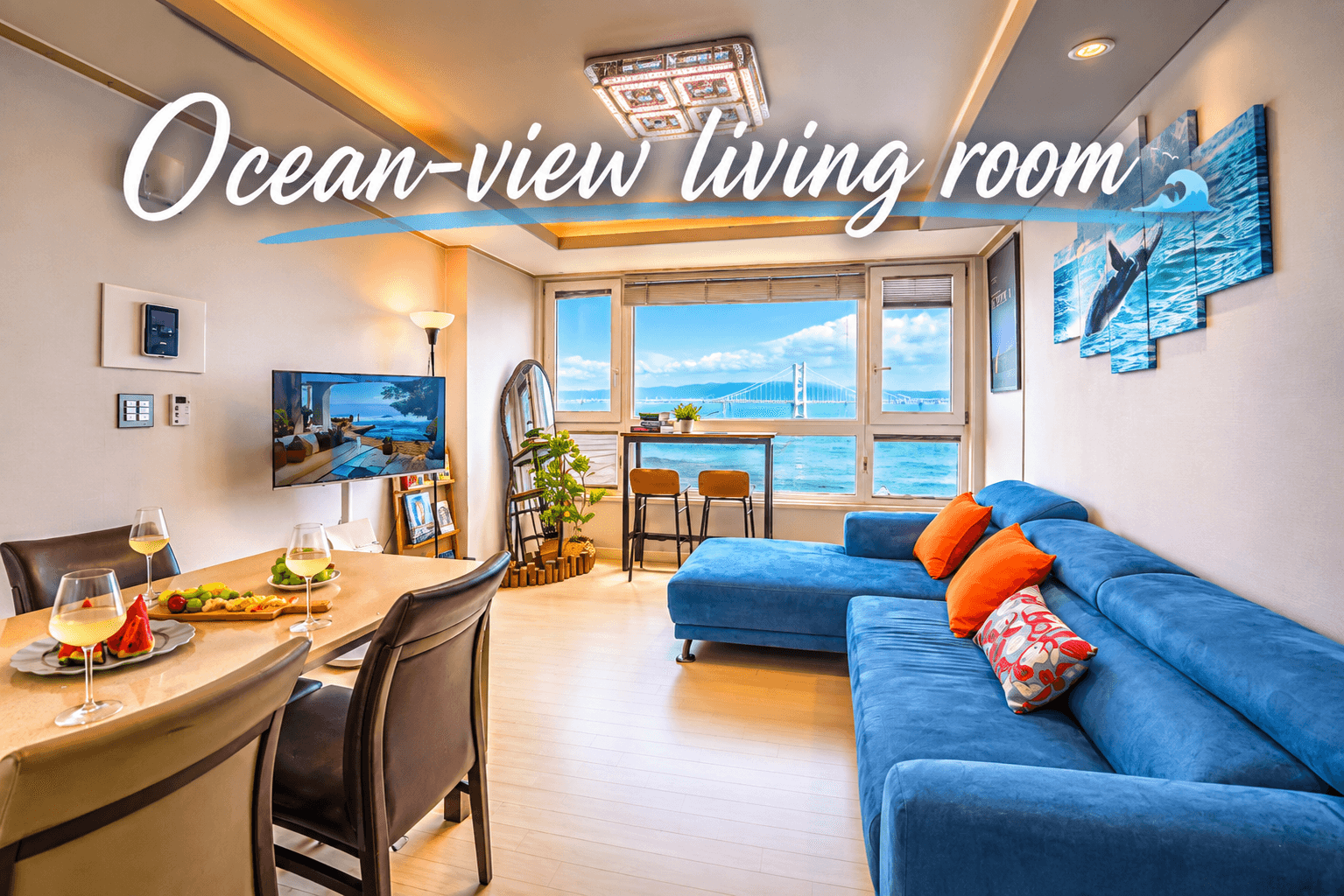 1-Min to Gwangalli Beach, Ocean View, Live Drone Show View, Spacious House for Up to 8, Hotel Suite View