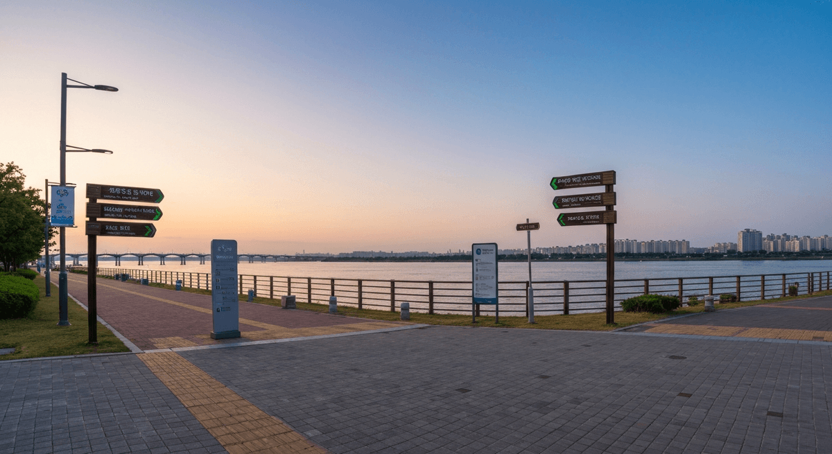 Entrance path to Banpo Han River Park at dusk with park signage and Han River visible ahead