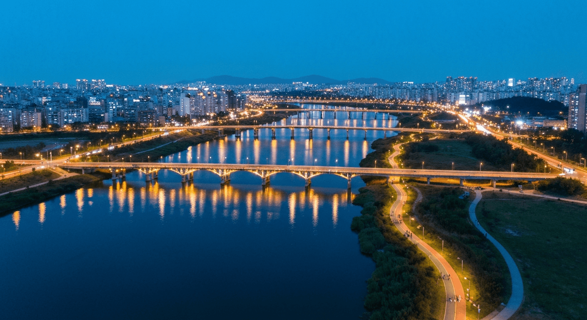 Aerial view of Banpo Han River Park at night showing the full stretch of the illuminated bridge and riverside paths