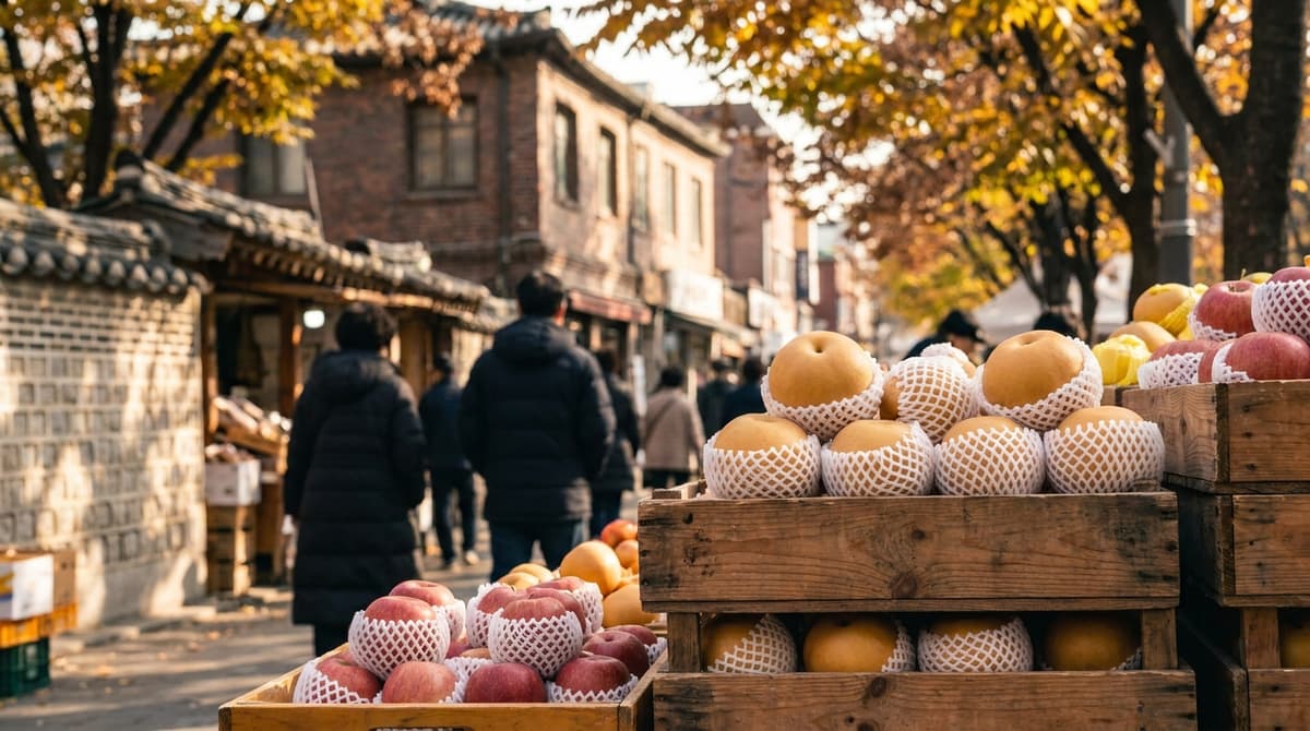 Close-up of neatly stacked Korean pears and apples wrapped in white protective foam netting at a market stall, natural light, no readable labels
