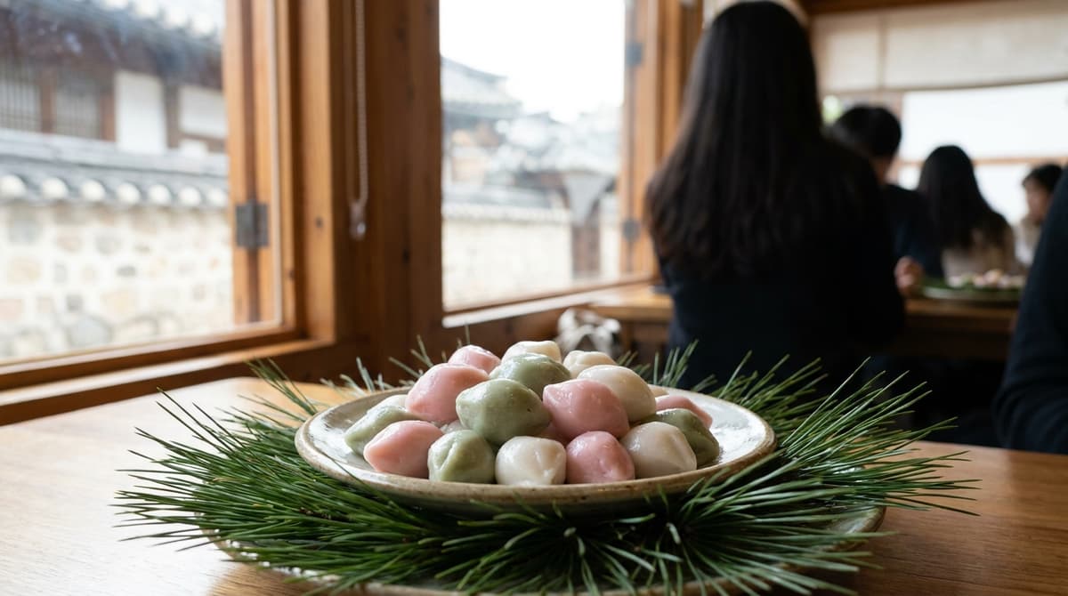 Close-up of a plate of pastel half-moon songpyeon rice cakes resting on fresh pine needles, soft window light, shallow depth of field