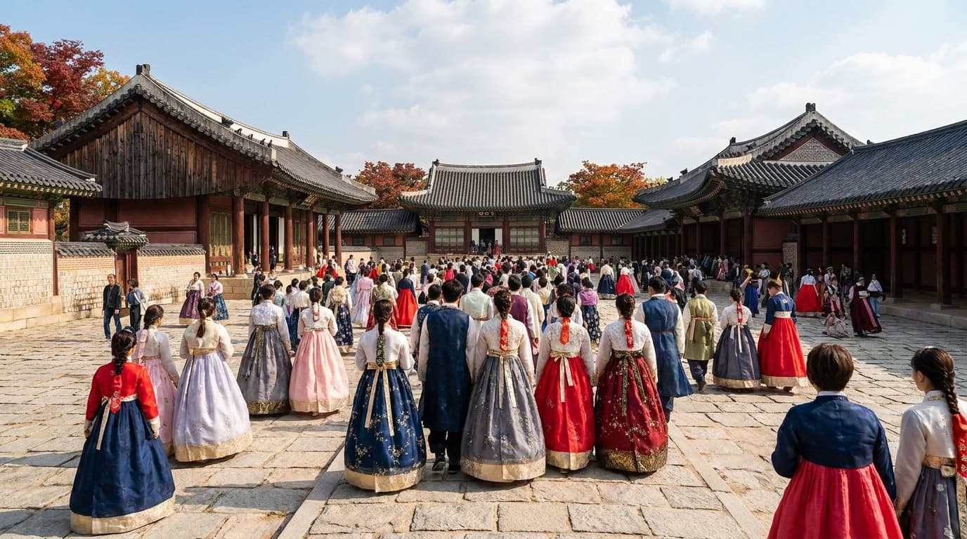 Wide shot of a traditional Korean palace courtyard filled with visitors in colorful hanbok, seen from behind, surrounded by stone paving and old tiled rooftops, autumn sky overhead, no visible signage