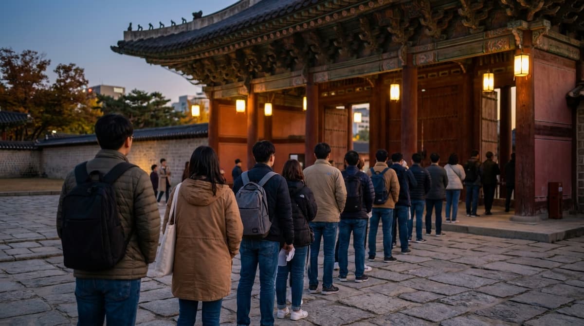 A line of visitors seen from behind waiting on a stone-paved plaza in front of a large traditional Korean palace gate at dusk, casual autumn jackets, soft warm light from the gate's eaves, no signs, no readable text, no faces