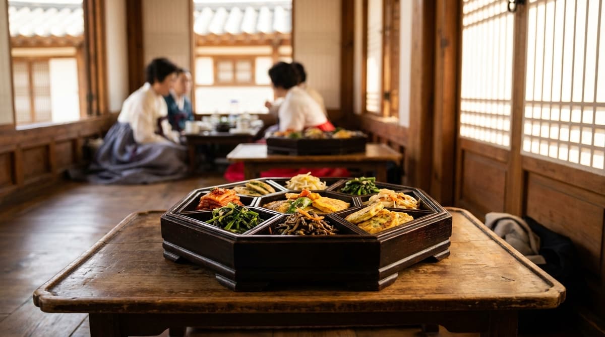 Close-up of an elegant Korean royal-style meal of many small side dishes arranged in a traditional wooden tiered lunchbox on a low table, warm soft light, shallow depth of field, no text or labels