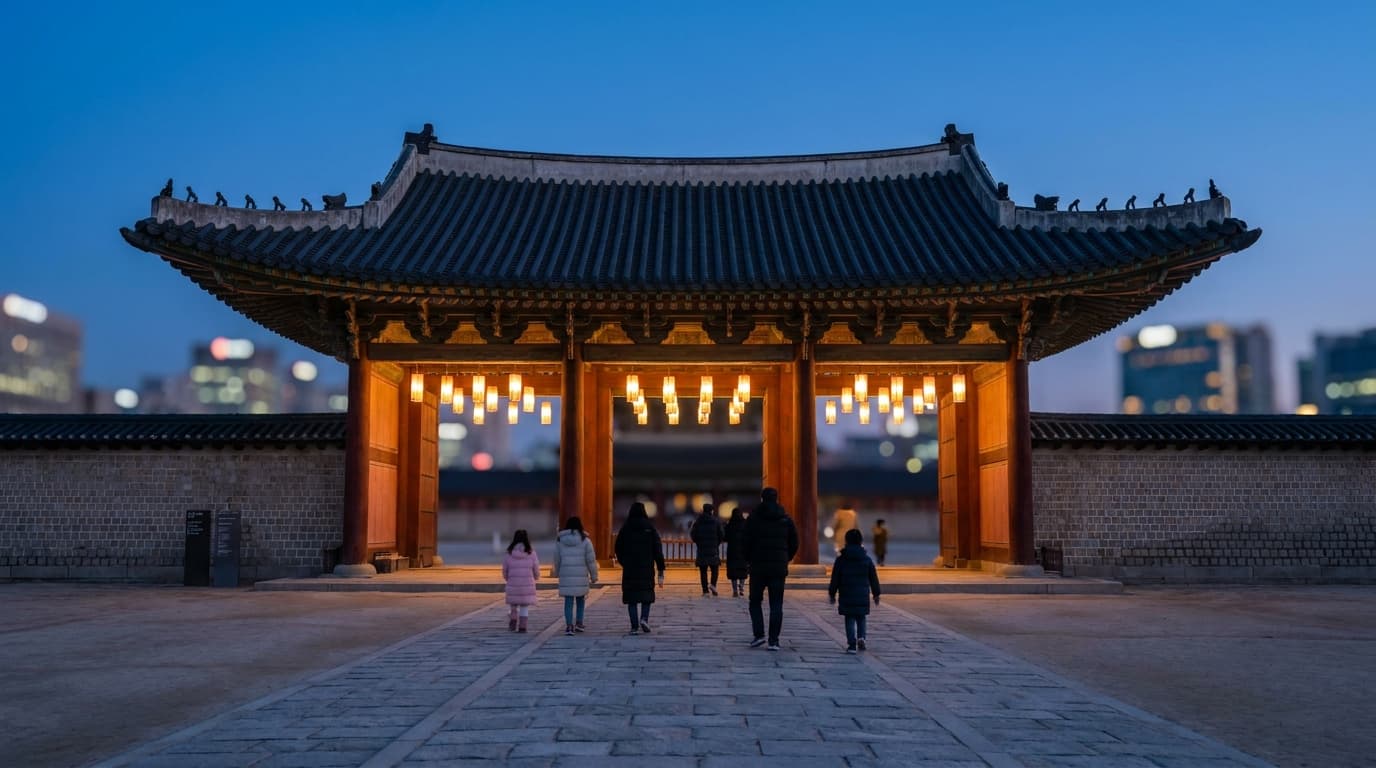 Wide shot of a traditional Korean palace gate with a curved tiled roof at dusk, warm lantern-lit eaves against a deep blue sky, visitors seen from behind as small silhouettes walking across a stone-paved plaza toward it, no signs or text visible
