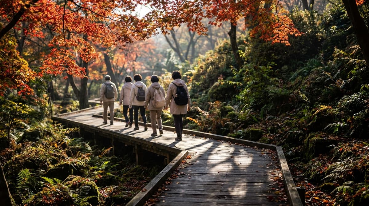 A narrow wooden boardwalk curving through a dense hillside forest garden at peak autumn color, red and orange maple canopy overhead, a handful of visitors seen from behind in light jackets, morning sunlight filtering through the leaves, no signs or text visible