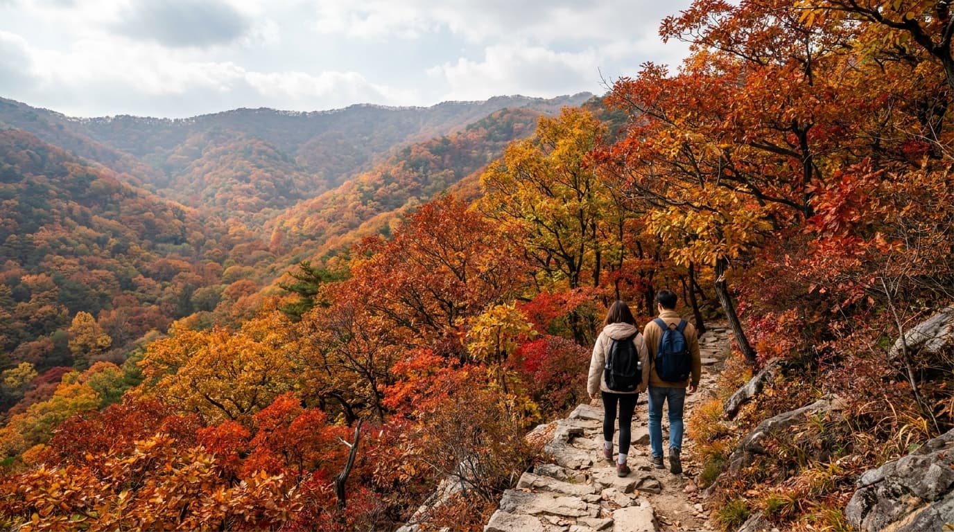 Wide-angle shot of a forested mountain valley in full autumn color, taken from a hiking trail looking out over a sea of red, orange, and yellow treetops. A couple walks away from camera along a narrow stone path, wearing light jackets. No signs or text visible.