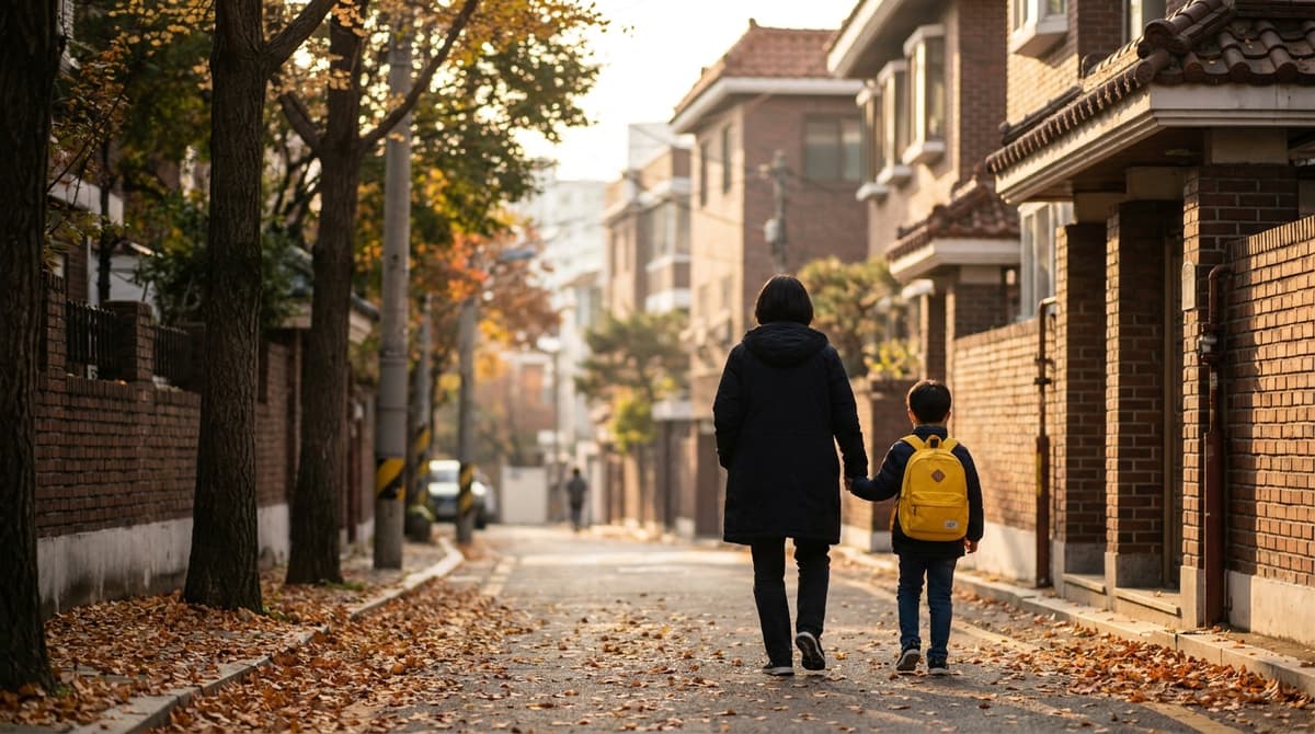 A quiet Seoul side street on a cool autumn morning, a parent and a child in a school backpack walking away from the camera hand in hand, fallen leaves on the pavement, soft low sunlight, no signs or text visible