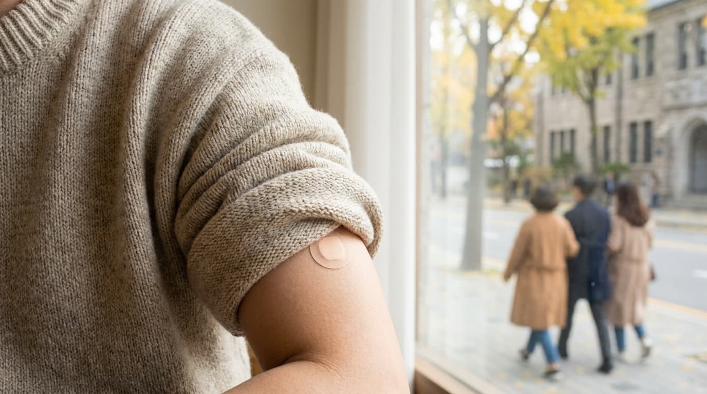 Close-up of a person's upper arm in a rolled-up knit sweater sleeve with a small round bandage on it, soft window light, a blurred autumn street with yellow ginkgo trees in the background. No face, no signs or text visible.