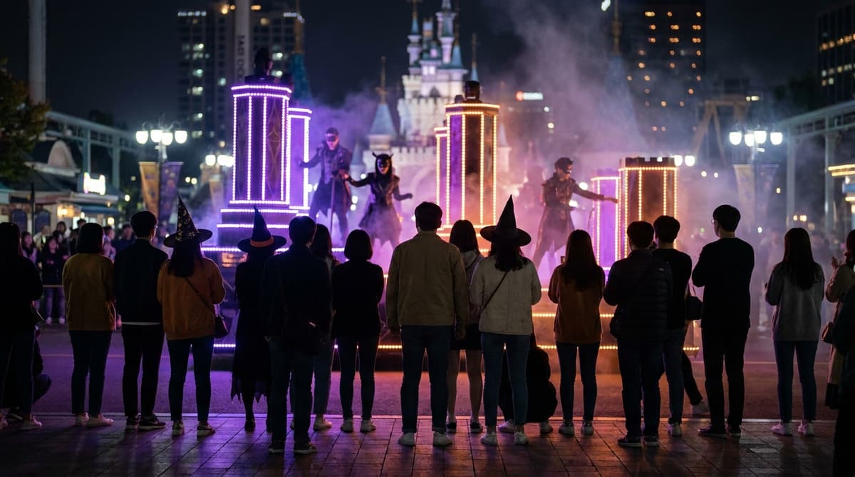 A crowd seen from behind watching a night parade at a theme park, floats glowing purple and orange in the distance, autumn jackets and a few witch hats in the crowd, light haze in the air, no signs or text visible