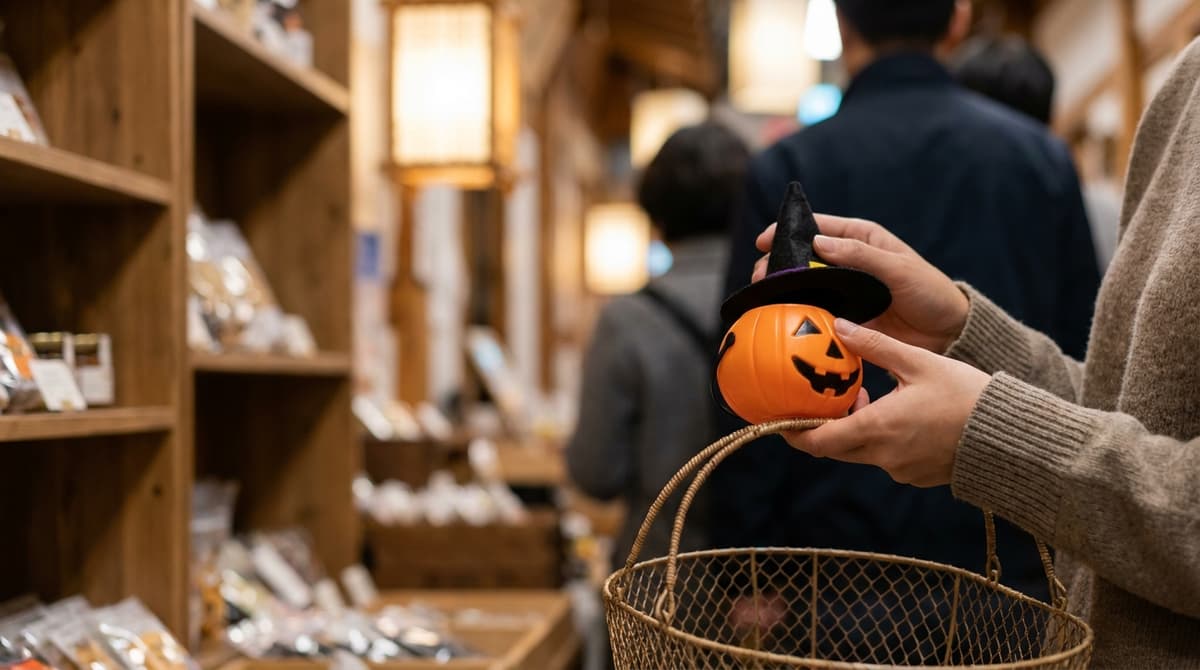Close-up of hands holding a small orange pumpkin-shaped candy bucket and a black witch hat over a shop basket, soft indoor light, shallow depth of field, no readable labels or text visible
