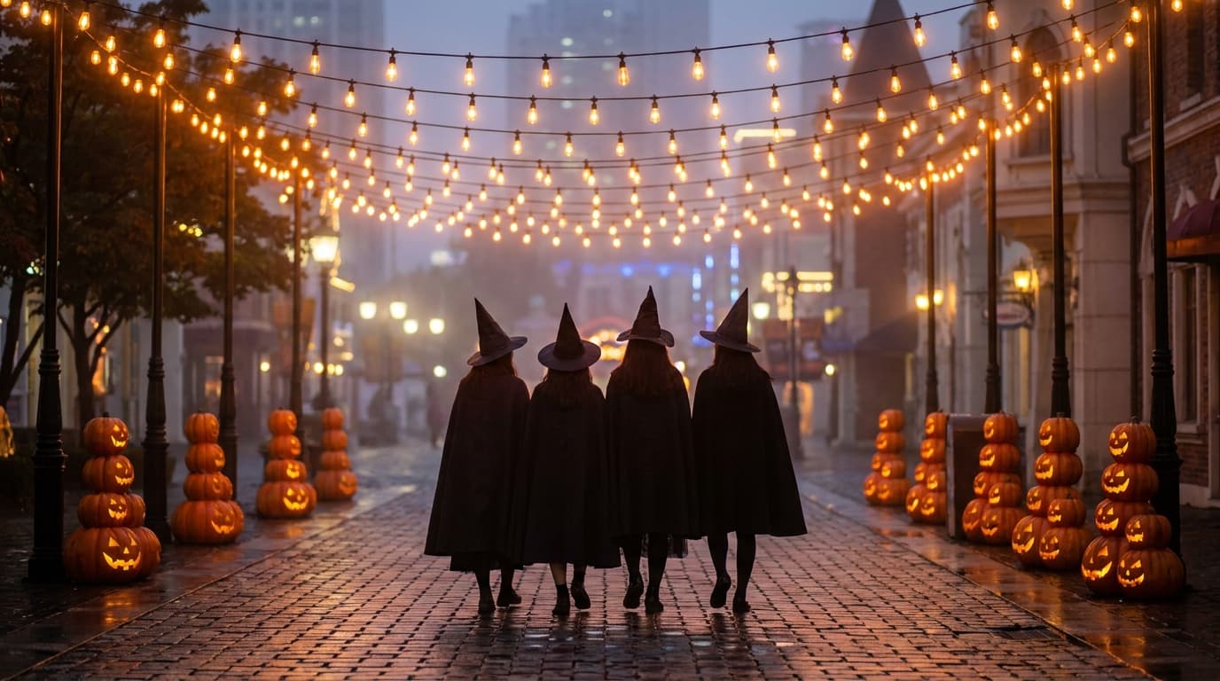 A theme park street at dusk in autumn, strings of warm orange lights overhead, carved pumpkins stacked along the path, a small group of friends in dark capes and witch hats walking away from the camera, light fog, no signs or text visible.
