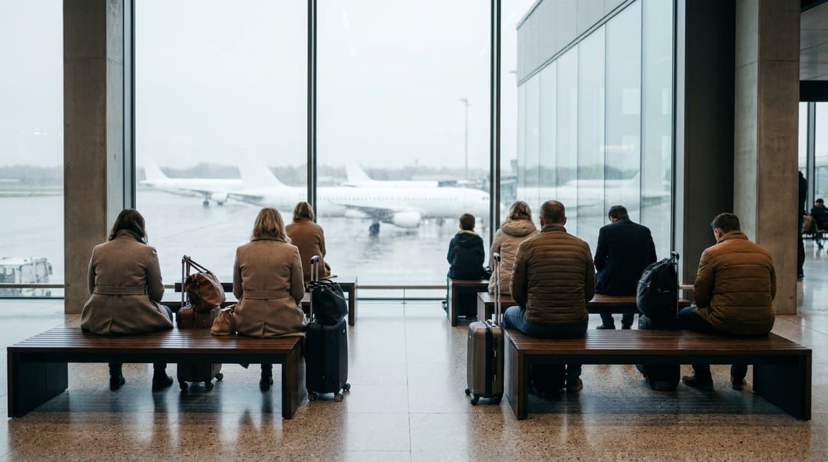 Travelers seen from behind sitting with suitcases inside an airport terminal hall beside a tall window, wearing wool coats and autumn jackets, plain white passenger planes parked far away on the apron and out of focus, overcast November afternoon light, no screens, no signs or text visible