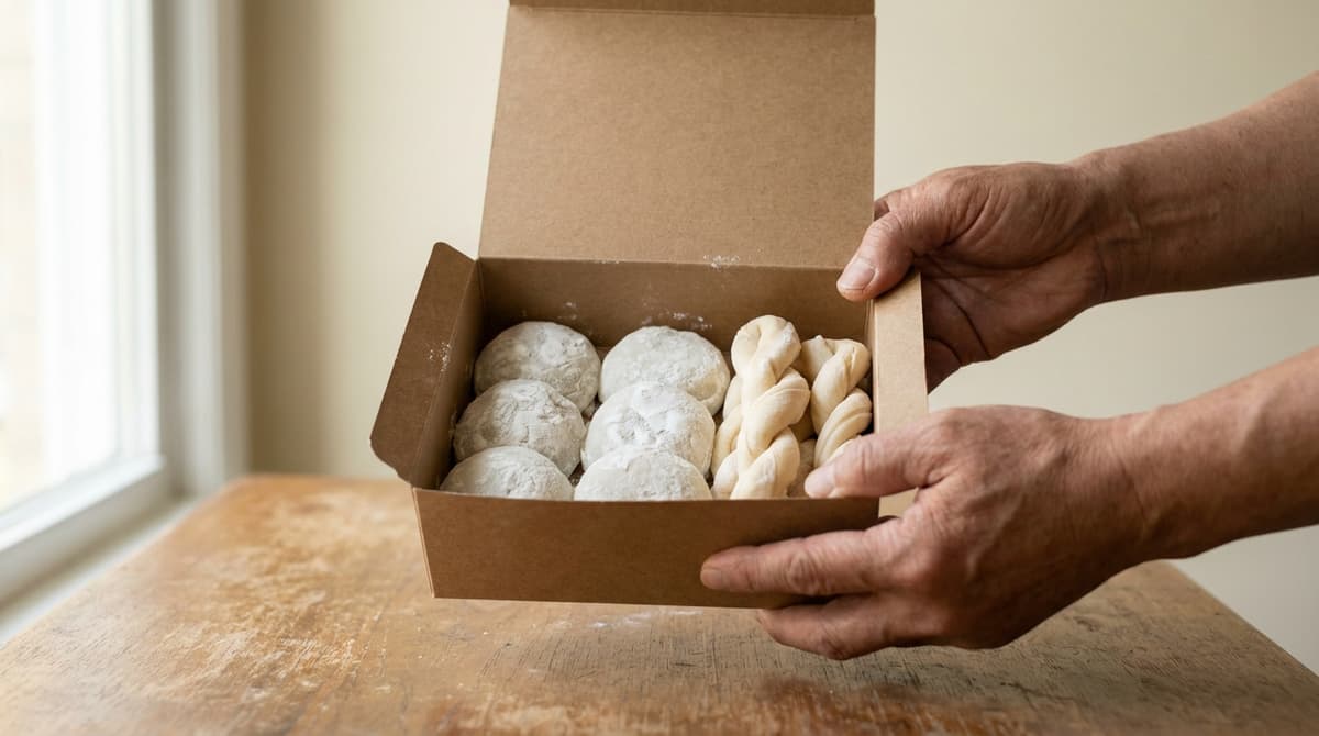 Close-up of hands holding a small plain paper box of white glutinous rice cakes dusted with flour beside a few pieces of pale Korean taffy, above a bare wooden table in a home kitchen, soft daylight from a side window, shallow depth of field, unmarked box, no labels or text visible