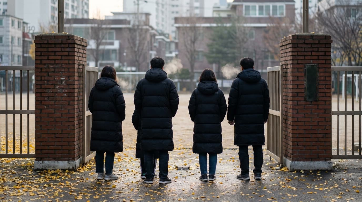 Parents in long padded coats seen from behind, standing outside plain brick school gate pillars on a cold early morning in Seoul, yellow ginkgo leaves on the pavement, breath visible in soft dawn light, nothing attached to the gate, no banners, no signs or text visible