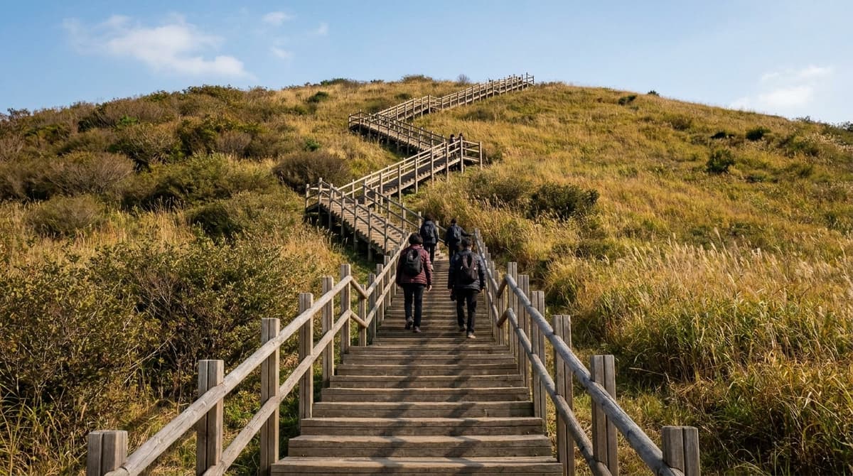 Long wooden zigzag stairs climbing a steep open grassy hillside in Seoul in switchbacks, seen from the bottom of the slope, small figures in autumn jackets walking up seen from behind, low shrubs and tall grass, clear October afternoon sky, plain wooden handrails with nothing attached, no signs or text visible