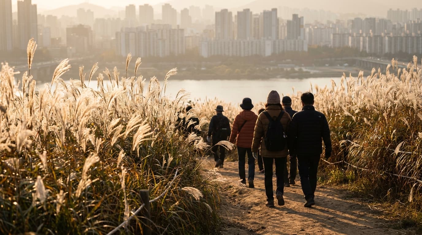 A wide field of tall silver grass catching low golden sunlight on a hilltop in Seoul, a few visitors in autumn jackets walking away along a dirt path, the Han River and the city hazy in the distance, late afternoon, no signs or text visible