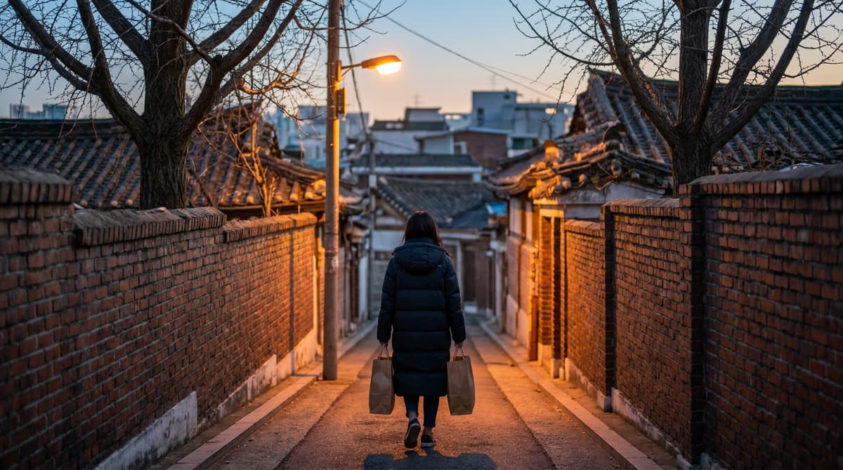 A young woman in a long padded coat seen from behind carrying two plain paper shopping bags along a quiet residential alley in Seoul at dusk, low brick walls and bare ginkgo trees on both sides, a single warm street lamp, no shops, no storefronts, no signs, no lettering of any kind anywhere in frame