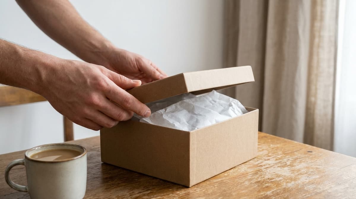 Close-up of a pair of hands opening a plain cardboard box filled with tissue paper on a wooden kitchen table, a cup of coffee beside it, a white wall and a plain beige curtain as the only background, shallow depth of field, soft morning light, no window view, no phone, no logos or text visible