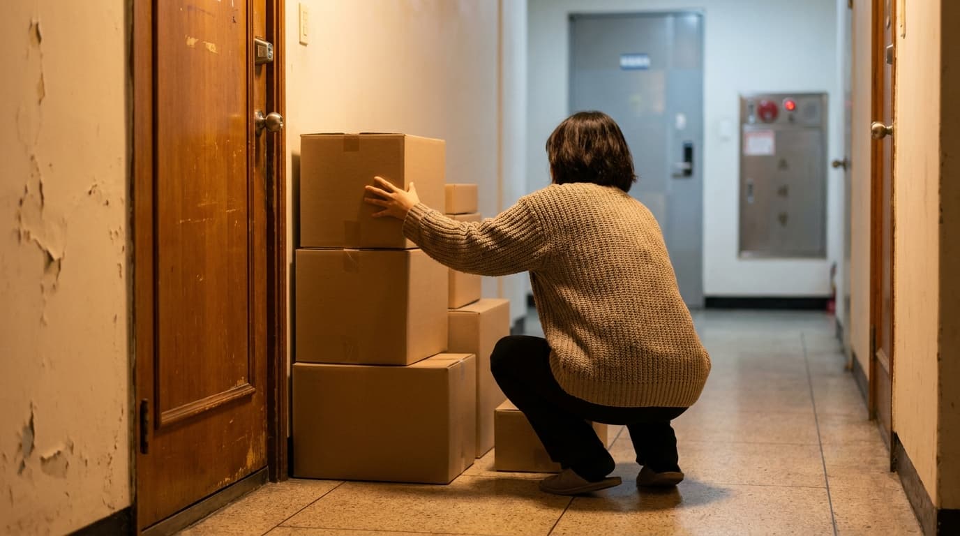 A stack of cardboard delivery parcels of different sizes piled beside the front door of a small Seoul apartment hallway, a person in a knit sweater seen from behind crouching to pick one up, warm indoor light, plain brown boxes with no labels, logos, or text visible