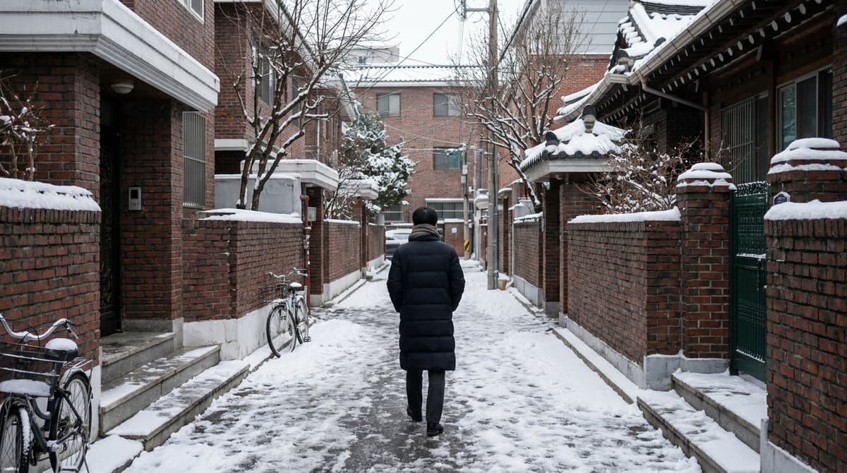 A snowy residential alley in a Seoul neighborhood on a grey December morning, a person seen from behind in a knee-length black padded coat and scarf walking away past low brick villas and bare trees, fresh snow on walls and steps, no cars and no license plates in view, no signs or text visible