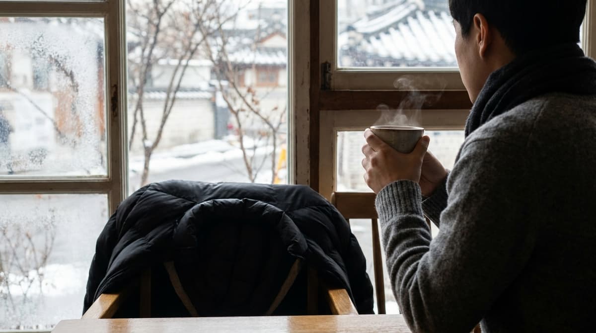 Interior of a warm Seoul cafe in winter, viewed from behind a wooden table, a person in a thin sweater with a padded coat draped over the chair back and a scarf on the table, steam rising from a cup, frost on the window edge, bare winter branches visible outside, no signs, screens or text visible