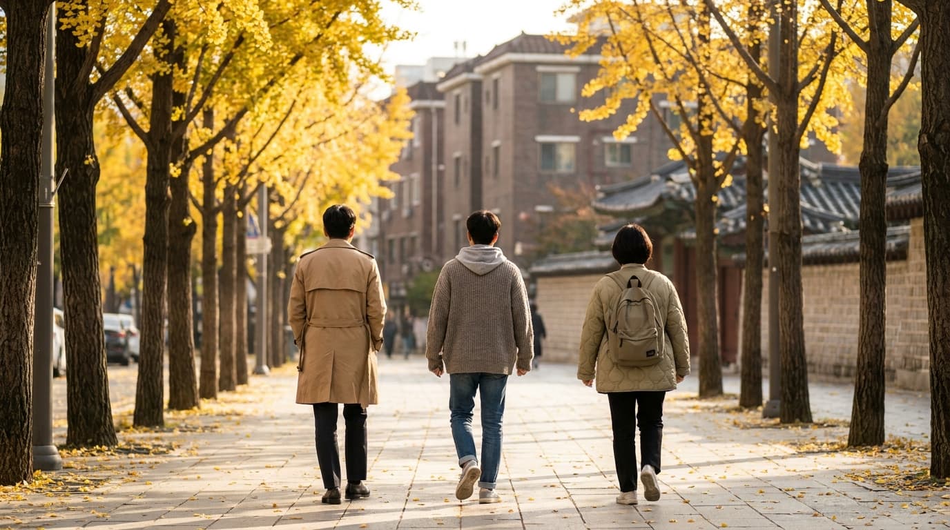 A tree-lined Seoul sidewalk on a bright, crisp late-October morning, three people walking away from the camera in layered outfits, one in a light quilted jacket, one in a trench coat, one in a hoodie with a cardigan, scattered yellow ginkgo leaves on the pavement, soft low sunlight, no signs or text visible