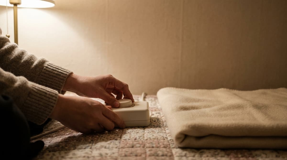 Close-up of a person's hands turning a plain round dial on a small white controller box resting on a quilted mat, a cream blanket folded nearby, warm lamp light, shallow depth of field, a plain beige wall directly behind the bed with no window anywhere in frame, no markings or numbers on the dial, no text visible