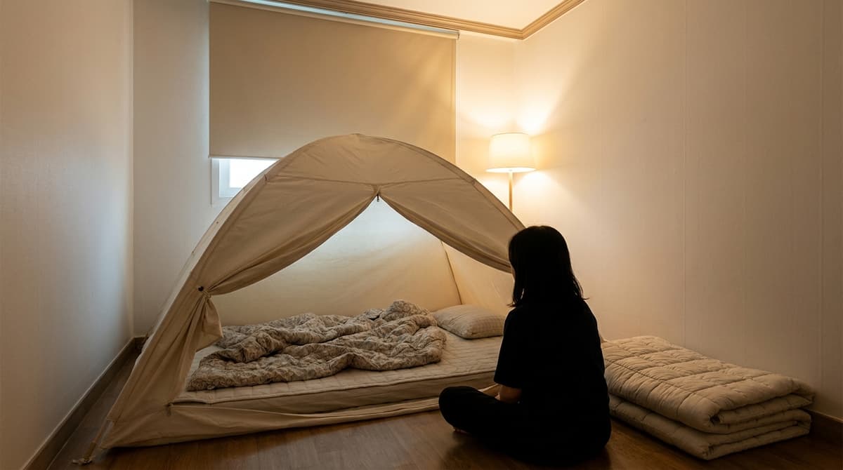 A compact fabric indoor tent set up over a single floor mattress in a small plain Korean room, door flap half unzipped showing a pillow and quilt inside, a folded quilted mat beside it on the floor, soft light from a floor lamp, plain walls, the window covered by a plain closed blind, no logos or text anywhere