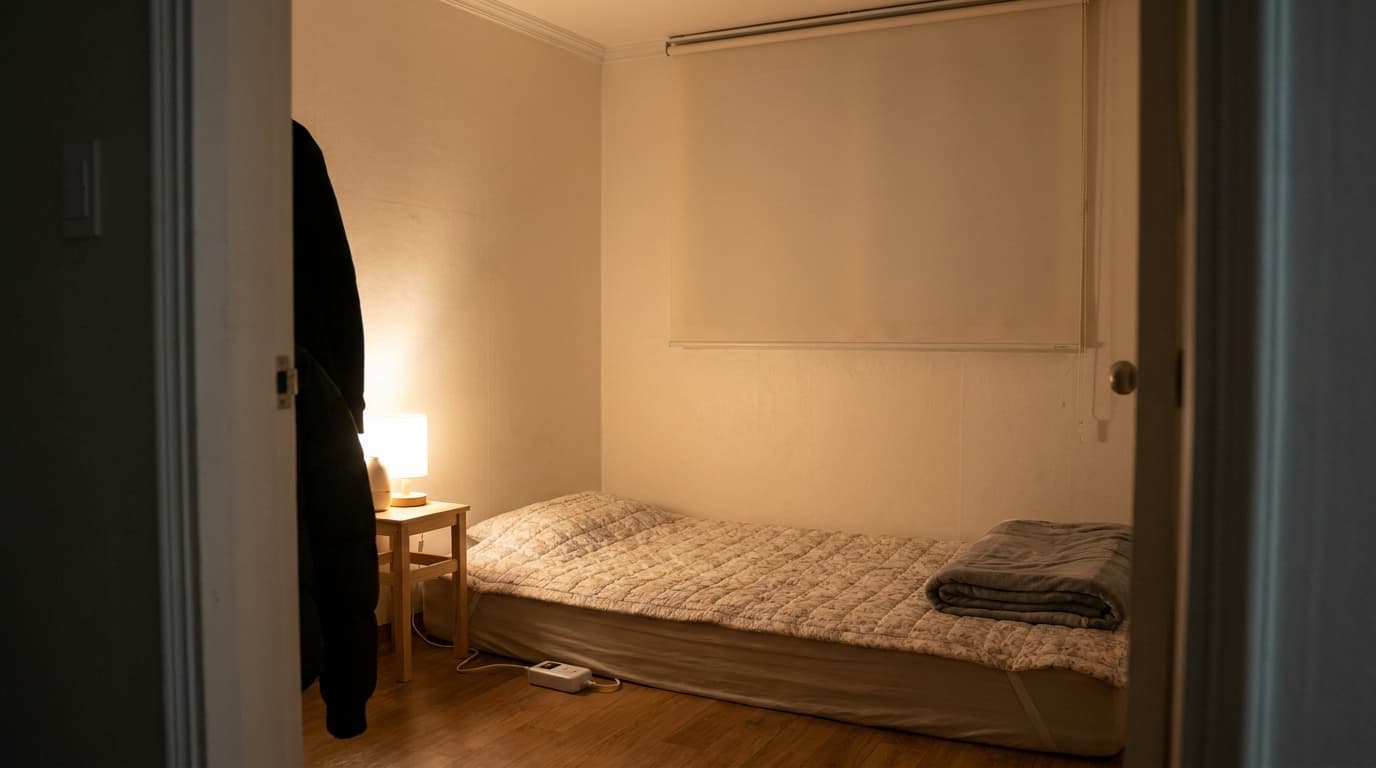 A small plain Korean one-room at night seen from the doorway, a thin quilted heating mat spread over a low floor mattress with a folded grey blanket at the foot, a small white controller box resting on the floor beside it, warm light from a single bedside lamp, the window covered by a plain closed blind, bare walls, no posters, no screens, no text anywhere