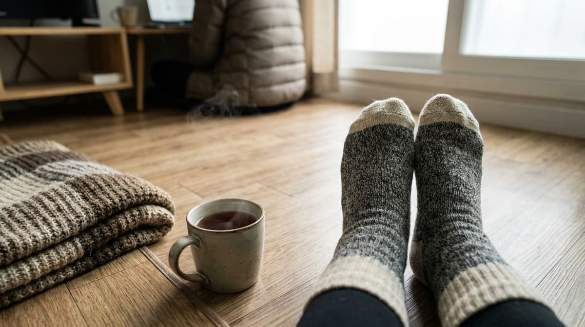 Close-up of a pair of thick wool socks on a warm light-wood laminate floor in a small Korean studio, a folded blanket and a mug of tea on the floor beside them, soft window light from the side with the window itself out of frame, no city skyline, no text or logos visible