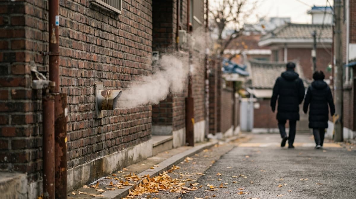 Exterior wall of a low-rise Korean villa apartment building at dawn in late autumn, a small metal boiler exhaust vent letting out a soft plume of white steam into cold air, bare pipe and brick texture, a few fallen ginkgo leaves on the ground below, shot from street level looking slightly up, no signs, posters, house numbers or text visible