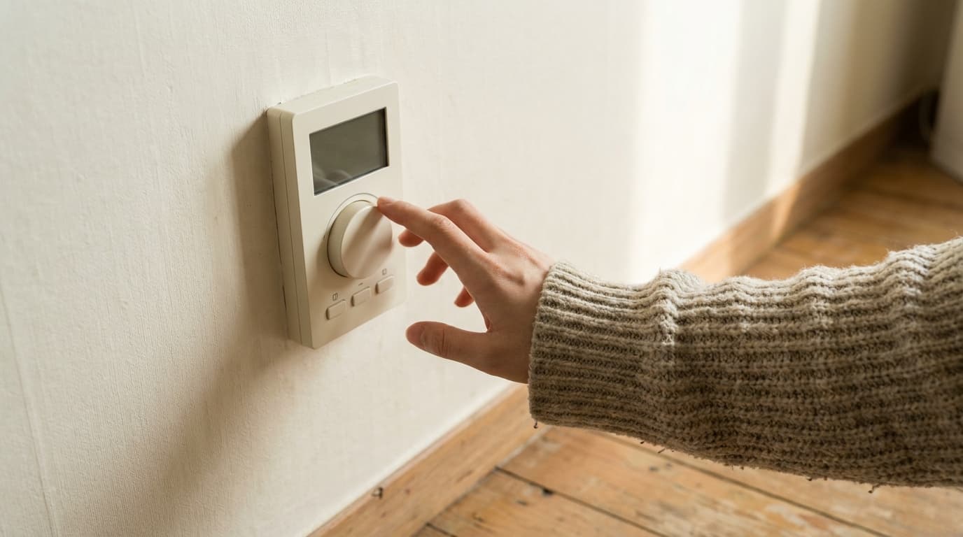 A plain white wall thermostat panel with a round dial and a few small unlabeled buttons, photographed at an angle in soft morning light inside a small Korean studio apartment, a hand in a knit sweater sleeve reaching toward the dial, blank display, wall and a wooden floor only, no windows or city skyline in frame, no text or digits anywhere