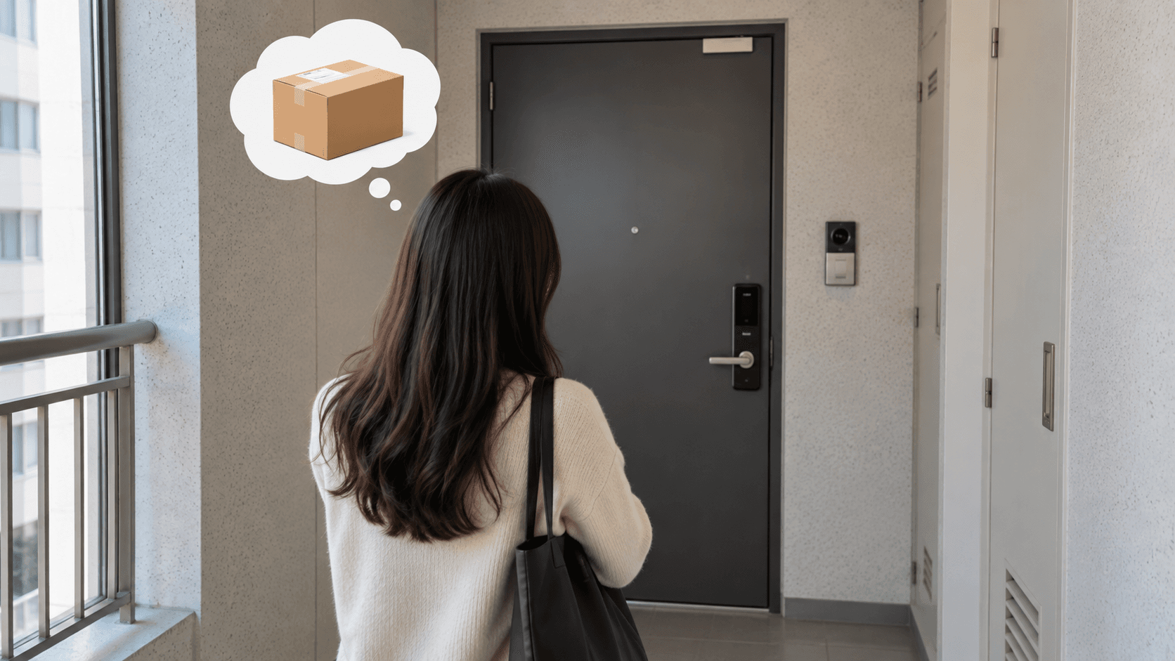 Korea package delivery guide showing a front door, security office, and parcel locker in an apartment building