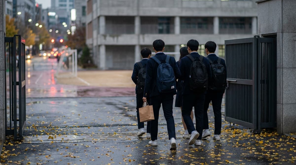 A group of high school students in dark uniforms seen from behind, walking out of a school gate in a Seoul neighborhood on a grey November afternoon, one carrying a small paper gift bag, yellow ginkgo leaves on the pavement, no faces, no signs or text visible