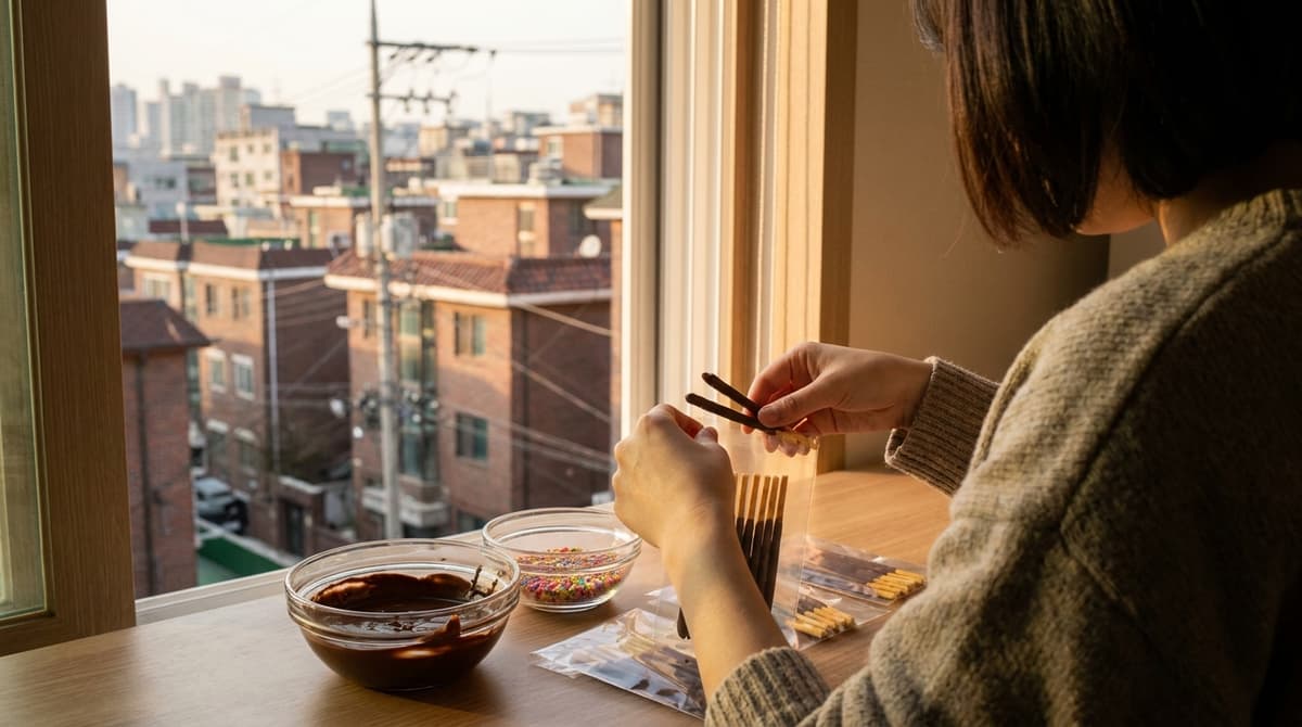 Hands placing chocolate-dipped biscuit sticks into small clear bags on a kitchen counter in a Seoul apartment, bowls of sprinkles and melted chocolate nearby, warm afternoon light from a window, no packaging logos, no text visible