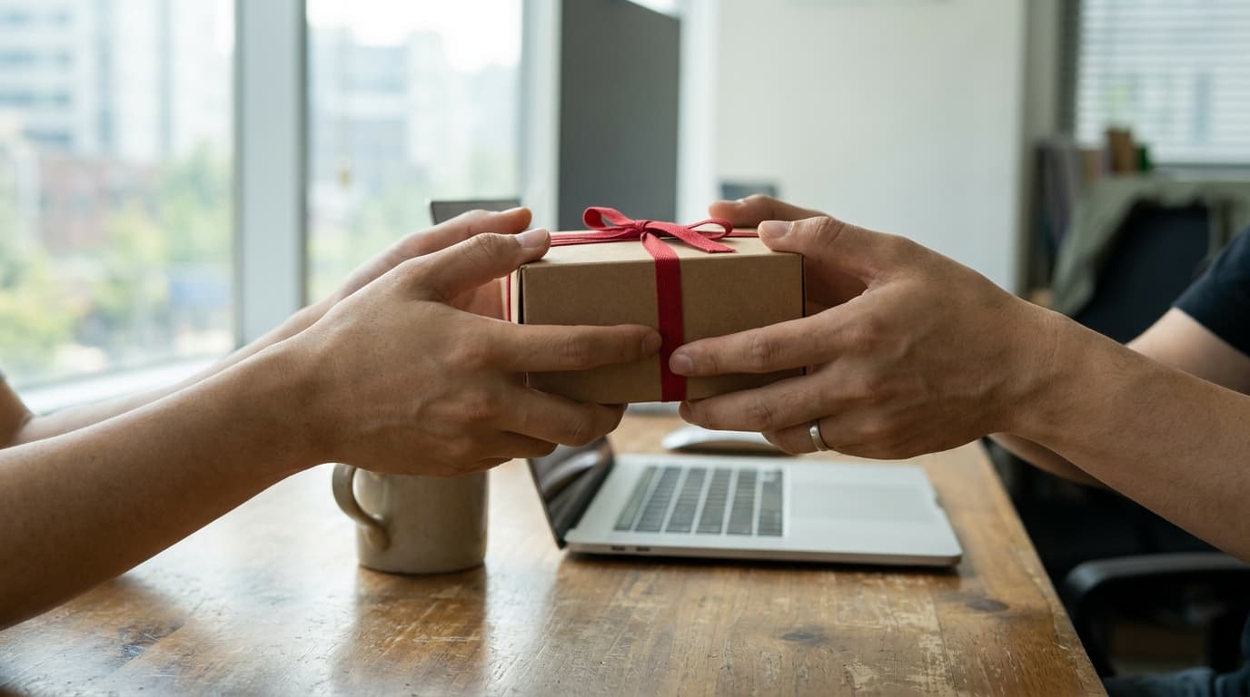 Close-up of two pairs of hands exchanging a small plain gift box tied with a thin red ribbon across a wooden office desk in Seoul, laptop edge and a coffee cup blurred in the background, soft window light, no logos, no text, no faces