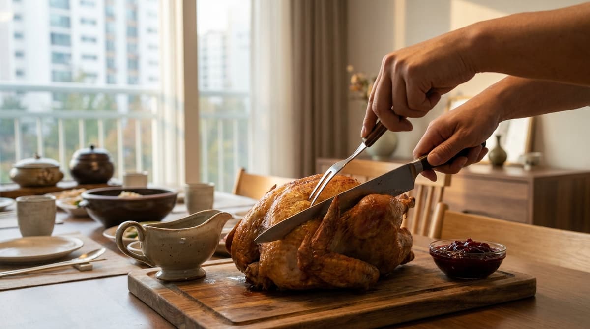 Close-up of hands carving a golden whole roast turkey on a wooden board, gravy boat and a bowl of cranberry sauce beside it, blurred dining room background in a Seoul apartment, warm natural window light, no faces, no text or logos visible