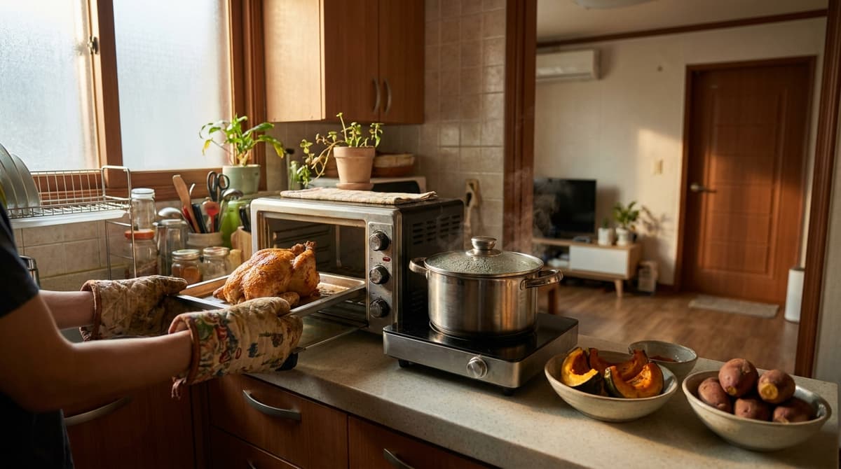 A small countertop oven on a compact kitchen counter in a Seoul one-room apartment, a roasted chicken on a tray being pulled out with oven mitts, a pot steaming on a two-burner hob beside it, bowls of kabocha squash and sweet potatoes nearby, warm natural light, no faces, no text or brand marks visible