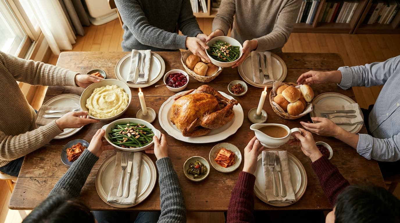Interior of a Seoul apartment, overhead view straight down onto a wooden dining table set for Thanksgiving, a whole golden roast turkey on a white platter in the center, bowls of mashed potato, green beans, cranberry sauce, bread rolls and small dishes of kimchi, only forearms and hands entering the frame from the sides passing dishes, two lit candles, warm window light, no text or logos visible