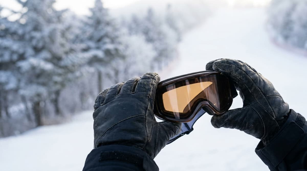 Close-up of a skier's gloved hands adjusting ski goggles, standing at the top of a snowy slope in the Korean mountains, blurred white slope and pine trees in the background, soft morning light, face not visible, plain unbranded gloves and goggles, no text or logos