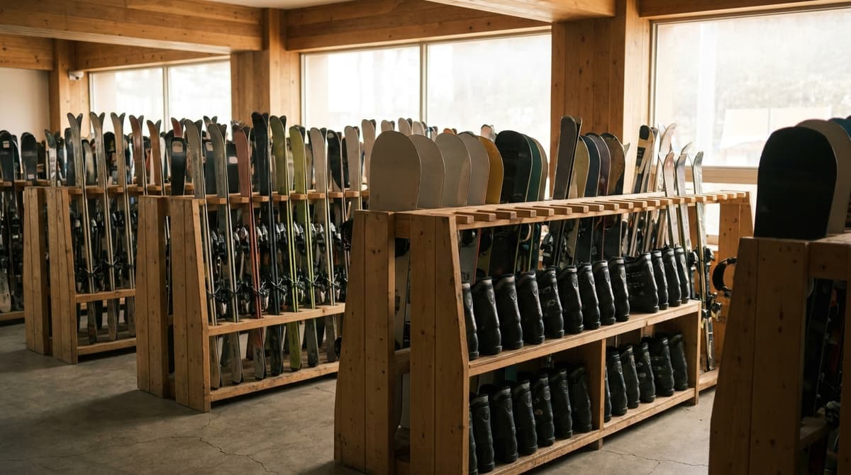 Rows of rental skis and snowboards standing upright in wooden racks inside a bright ski rental room, rows of ski boots on shelves below, warm interior light, plain unbranded equipment, no people, no signs, no text or logos