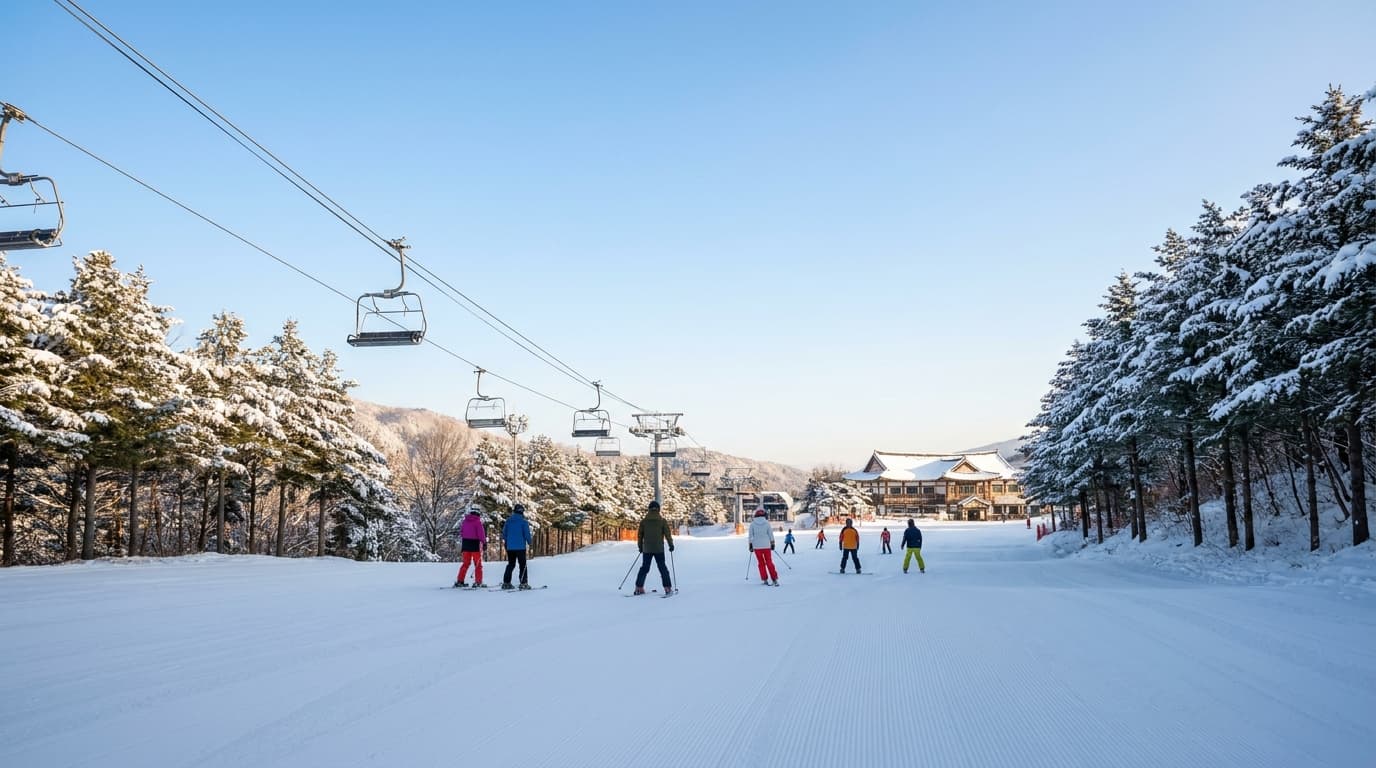 Wide view of a groomed ski slope in the Gangwon-do mountains of Korea on a bright winter morning, small skiers and snowboarders seen from behind carving down fresh corduroy snow, a chairlift with empty chairs crossing the frame in the distance, snow-dusted pine forest on both sides, clear blue sky, no text, no logos, no signs