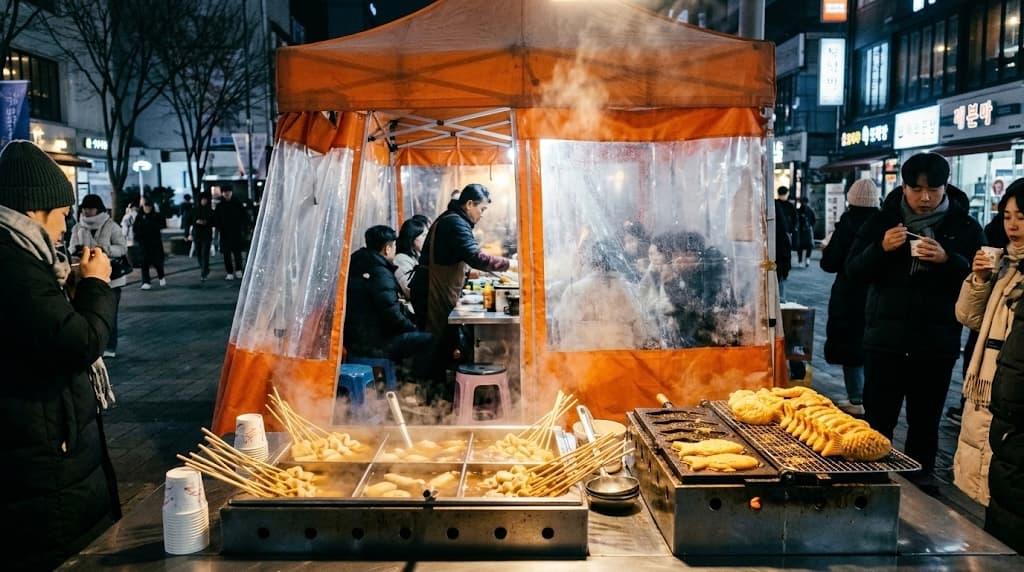 Steaming hot Korean winter street food stall with bungeoppang and eomuk during a cold evening.