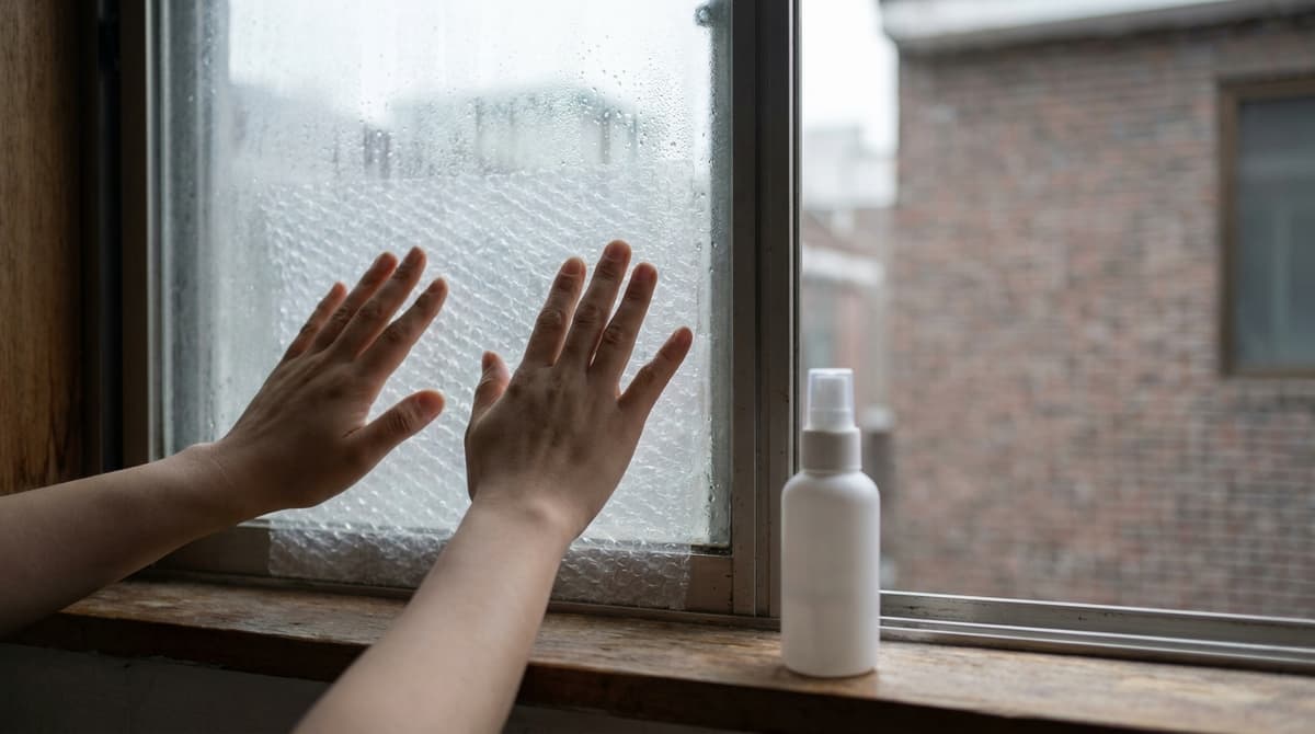 Close-up of a person's hands smoothing a sheet of clear bubble wrap onto a damp window pane, a small plain white spray bottle resting on the window sill, soft grey winter daylight through the glass, a blurred plain building wall outside, shallow depth of field, no labels or text anywhere