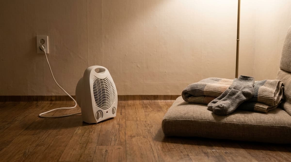 A small plain electric fan heater on a bare wooden floor in a quiet Korean one-room, plugged directly into a white wall socket, a folded blanket and a pair of grey wool socks on a low cushion a safe distance away, warm late evening lamp light, plain beige wall, the room empty with no people and no open doorways, no logos, no markings, no text anywhere