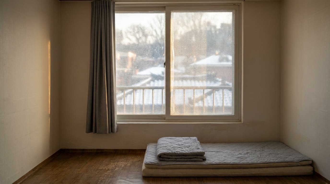 A small plain Korean one-room in late afternoon winter light, a wide sliding window covered edge to edge with clear bubble wrap film so the outside is soft and blurred, a simple grey curtain pulled to one side, a low floor mattress with a folded blanket below the window, bare white walls, the room empty with no people, no posters, no screens, no text anywhere