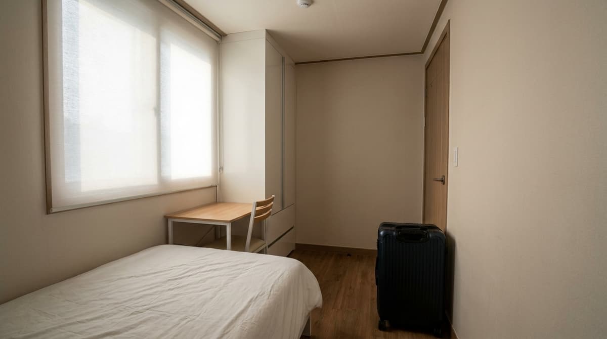 An empty small furnished Korean one-room with a single bed made with white sheets, a compact desk and chair, a built-in wardrobe, and a closed suitcase standing just inside the door, soft winter daylight through a window with a plain blind, an empty room with no people, plain walls, no posters, no text anywhere