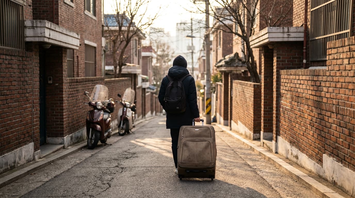 A student seen from behind pulling a large suitcase up a quiet residential alley lined with low brick villas near a university in Seoul, late winter afternoon light, bare trees, a few parked scooters, faces not visible, no shop signs, no text anywhere