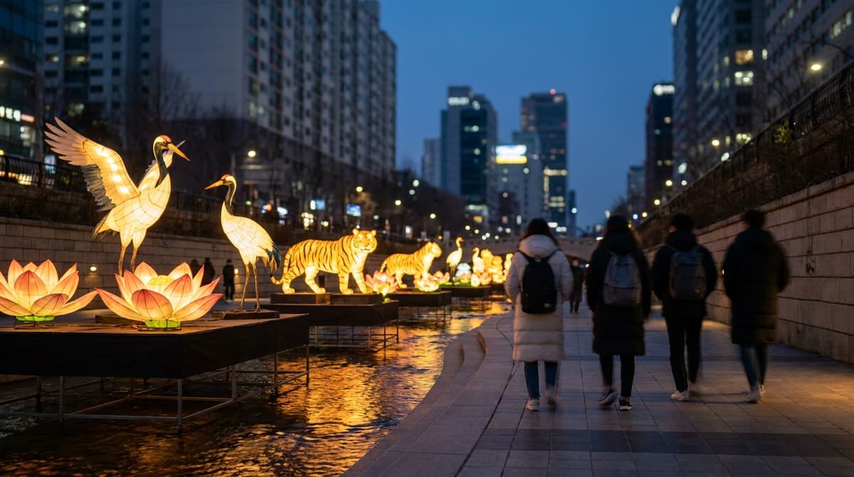 Large glowing lantern sculptures of animals and flowers lining a narrow urban stream in Seoul at night, a few people walking along the stone path beside the water seen from behind, warm reflections on the water, tall buildings softly blurred above, no signs, no text anywhere
